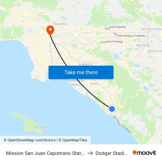Mission San Juan Capistrano Station to Dodger Stadium map
