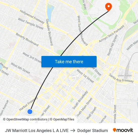 JW Marriott Los Angeles L A LIVE to Dodger Stadium map