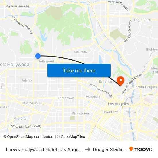 Loews Hollywood Hotel Los Angeles to Dodger Stadium map