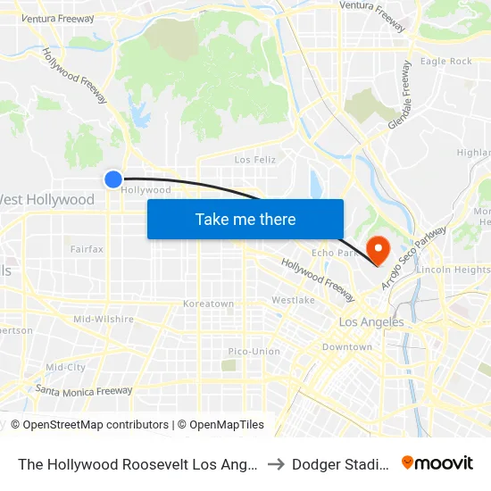 The Hollywood Roosevelt Los Angeles to Dodger Stadium map