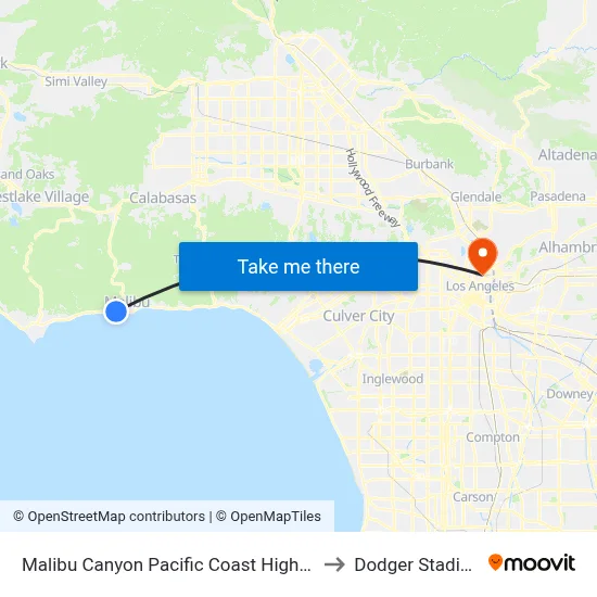 Malibu Canyon Pacific Coast Highway to Dodger Stadium map