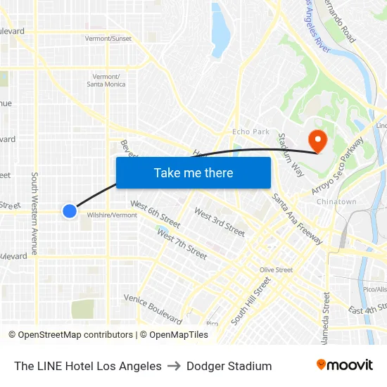 The LINE Hotel Los Angeles to Dodger Stadium map