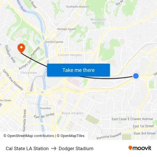 Cal State LA Station to Dodger Stadium map