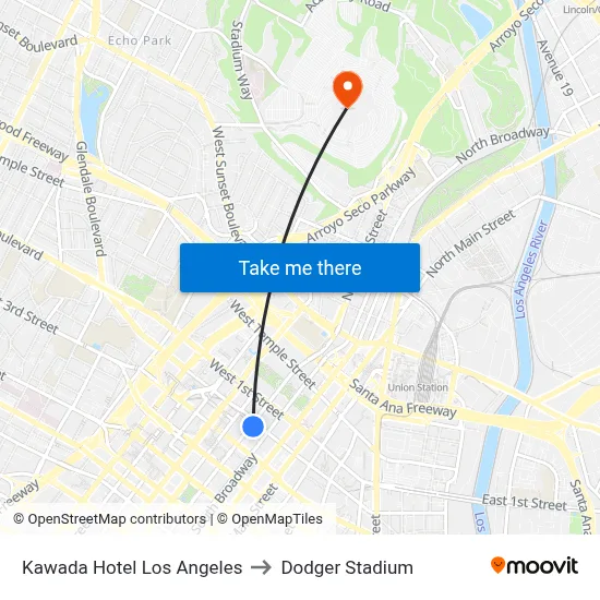 Kawada Hotel Los Angeles to Dodger Stadium map
