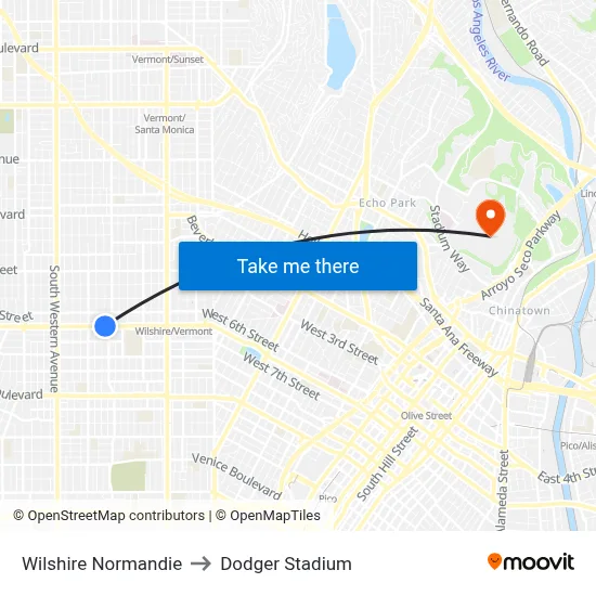 Wilshire Normandie to Dodger Stadium map