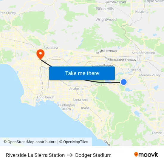 Riverside La Sierra Station to Dodger Stadium map
