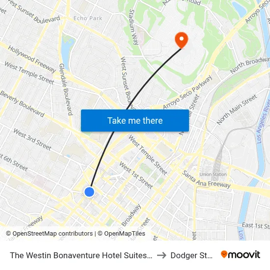The Westin Bonaventure Hotel Suites Los Angeles to Dodger Stadium map
