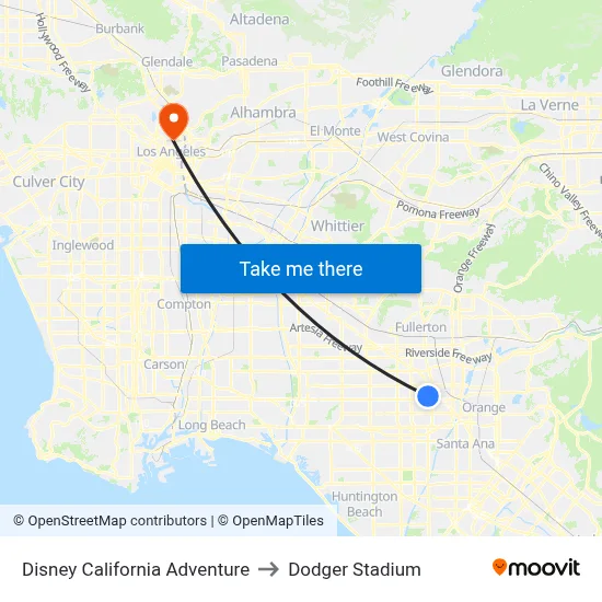 Disney California Adventure to Dodger Stadium map