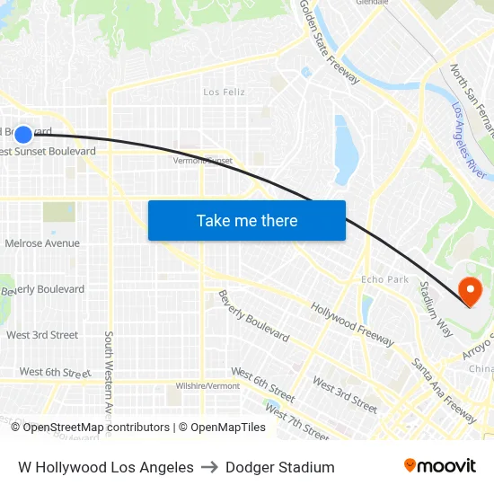 W Hollywood Los Angeles to Dodger Stadium map
