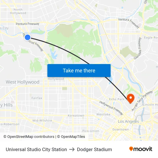 Universal Studio City Station to Dodger Stadium map