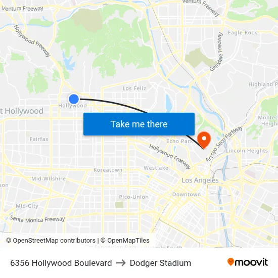 6356 Hollywood Boulevard to Dodger Stadium map