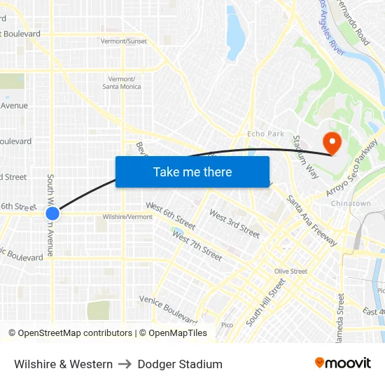Wilshire & Western to Dodger Stadium map