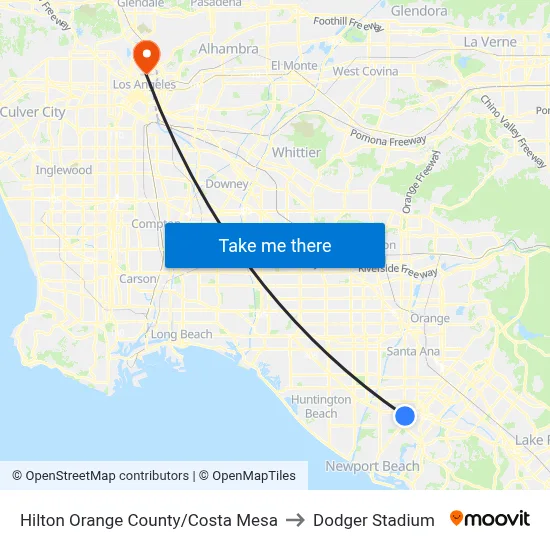 Hilton Orange County/Costa Mesa to Dodger Stadium map