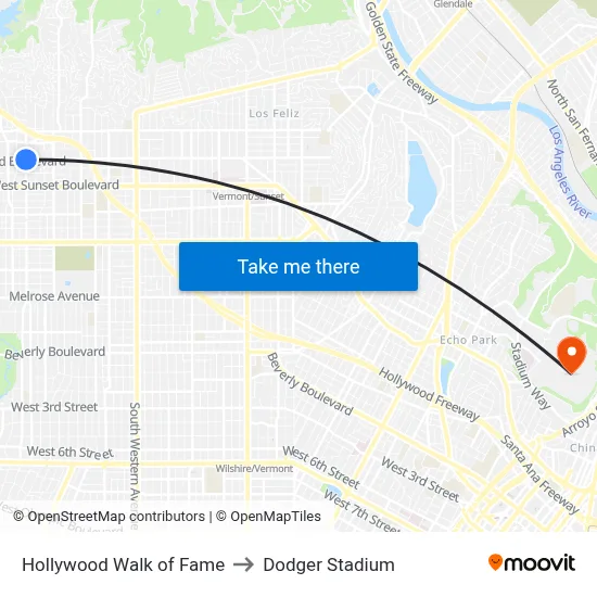 Hollywood Walk of Fame to Dodger Stadium map