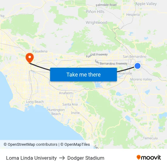 Loma Linda University to Dodger Stadium map