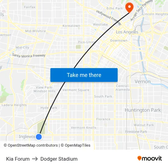 Kia Forum to Dodger Stadium map