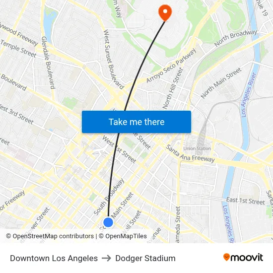 Downtown Los Angeles to Dodger Stadium map