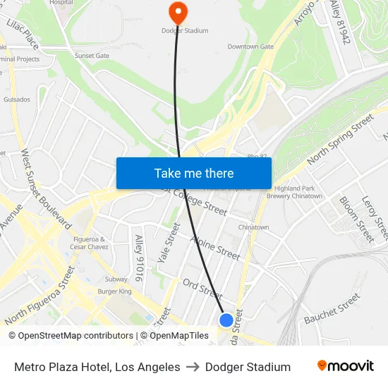Metro Plaza Hotel, Los Angeles to Dodger Stadium map