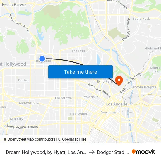 Dream Hollywood, by Hyatt, Los Angeles to Dodger Stadium map