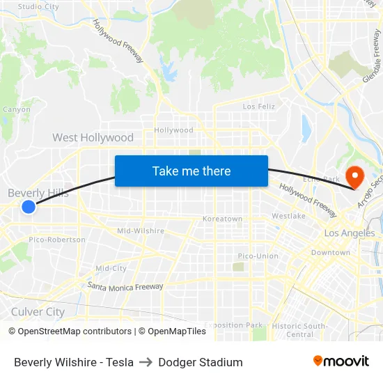 Beverly Wilshire - Tesla to Dodger Stadium map