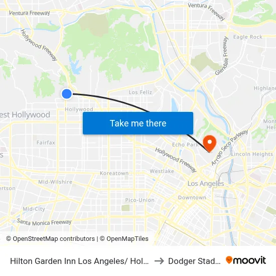 Hilton Garden Inn Los Angeles/ Hollywood to Dodger Stadium map