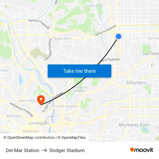 Del Mar Station to Dodger Stadium map
