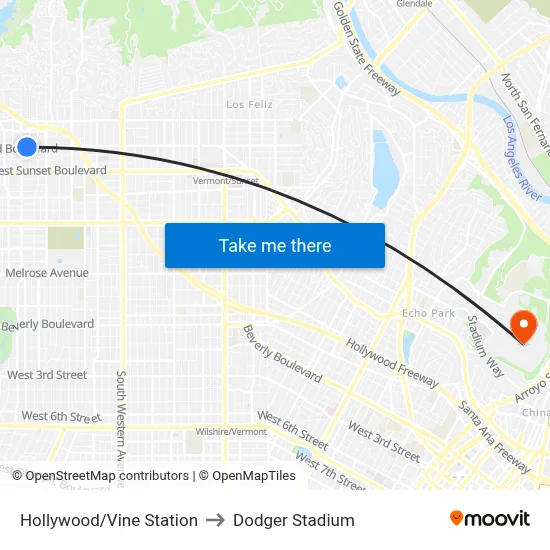 Hollywood/Vine Station to Dodger Stadium map