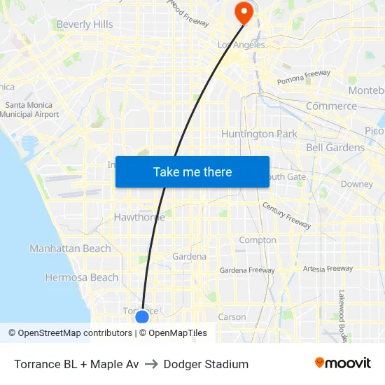 Torrance BL + Maple Av to Dodger Stadium map