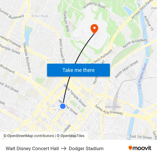Walt Disney Concert Hall to Dodger Stadium map