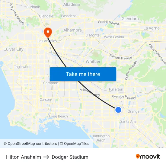 Hilton Anaheim to Dodger Stadium map