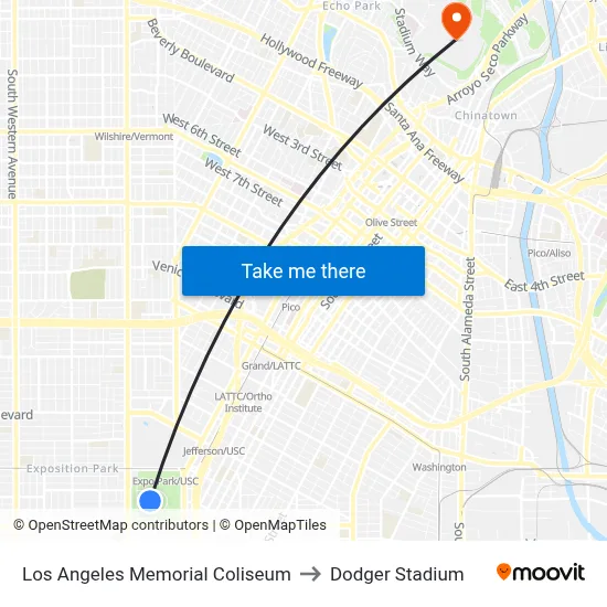 Los Angeles Memorial Coliseum to Dodger Stadium map