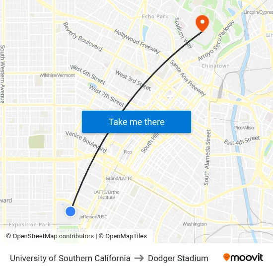 University Of Southern California to Dodger Stadium map