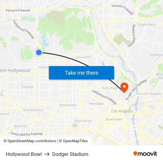 Hollywood Bowl to Dodger Stadium map