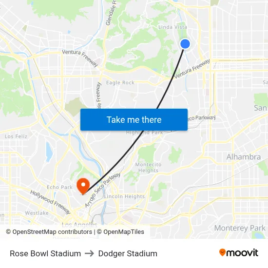 Rose Bowl Stadium to Dodger Stadium map