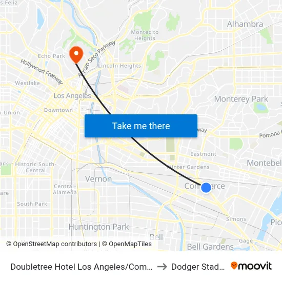 Doubletree Hotel Los Angeles/Commerce to Dodger Stadium map
