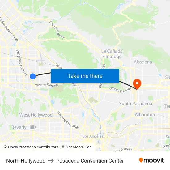 North Hollywood to Pasadena Convention Center map
