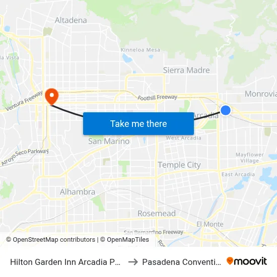 Hilton Garden Inn Arcadia Pasadena Area to Pasadena Convention Center map