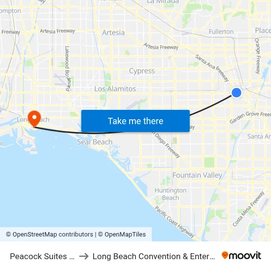 Peacock Suites Anaheim to Long Beach Convention & Entertainment Center map