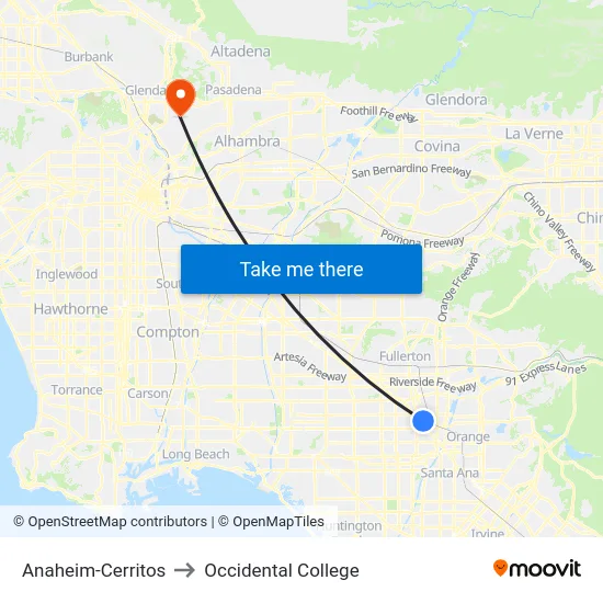 Anaheim-Cerritos to Occidental College map