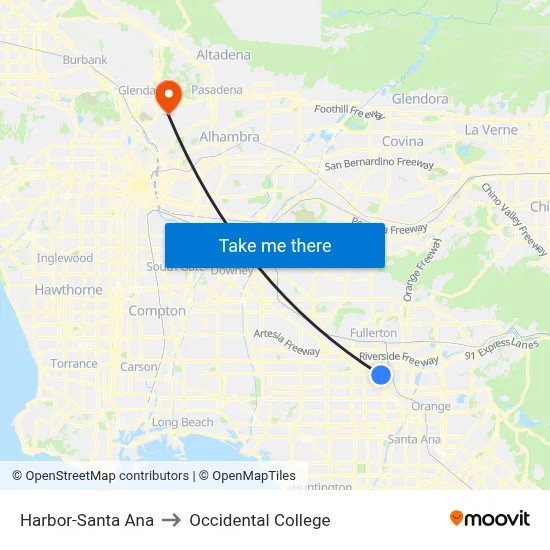 Harbor-Santa Ana to Occidental College map