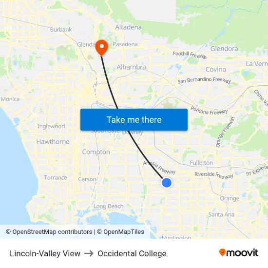 Lincoln-Valley View to Occidental College map