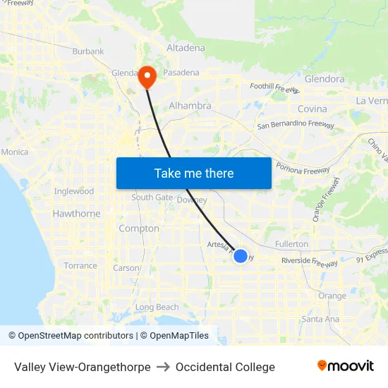 Valley View-Orangethorpe to Occidental College map