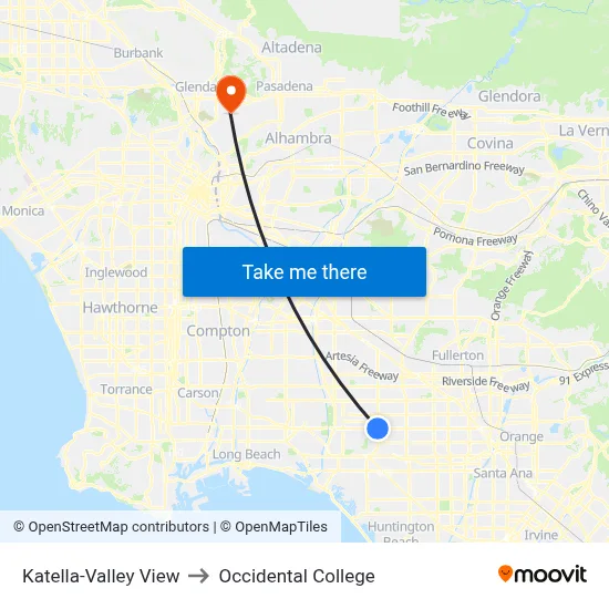 Katella-Valley View to Occidental College map
