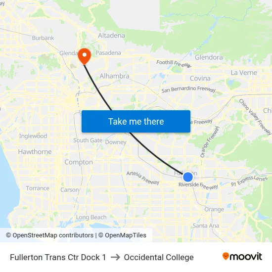 Fullerton Trans Ctr Dock 1 to Occidental College map