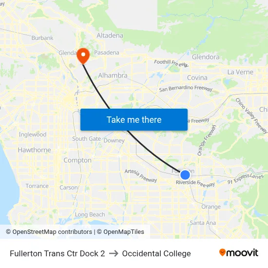 Fullerton Trans Ctr Dock 2 to Occidental College map