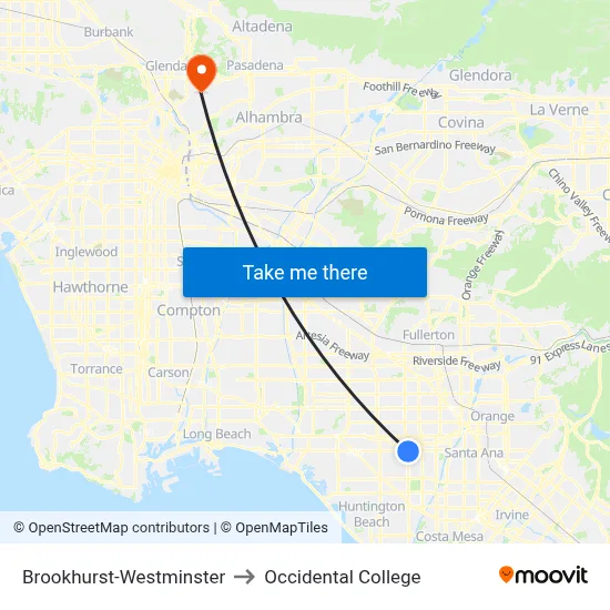 Brookhurst-Westminster to Occidental College map
