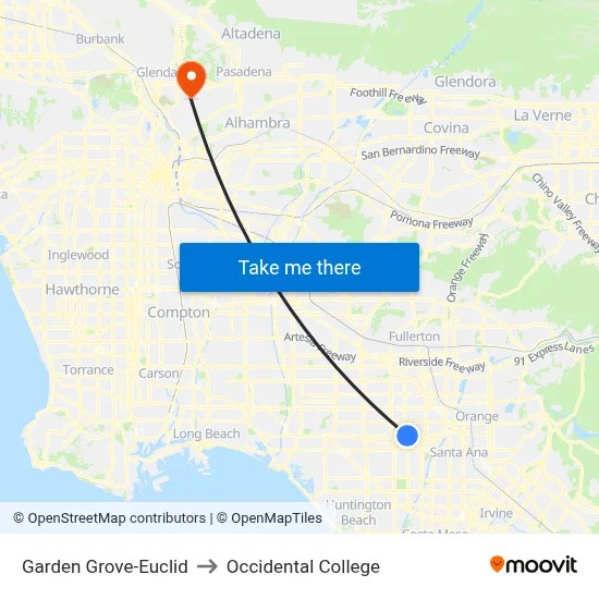 Garden Grove-Euclid to Occidental College map