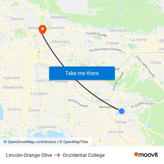 Lincoln-Orange Olive to Occidental College map