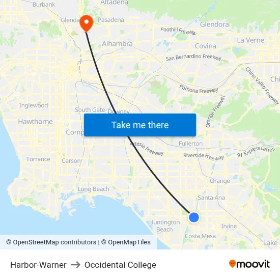 Harbor-Warner to Occidental College map