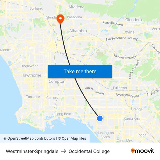 Westminster-Springdale to Occidental College map